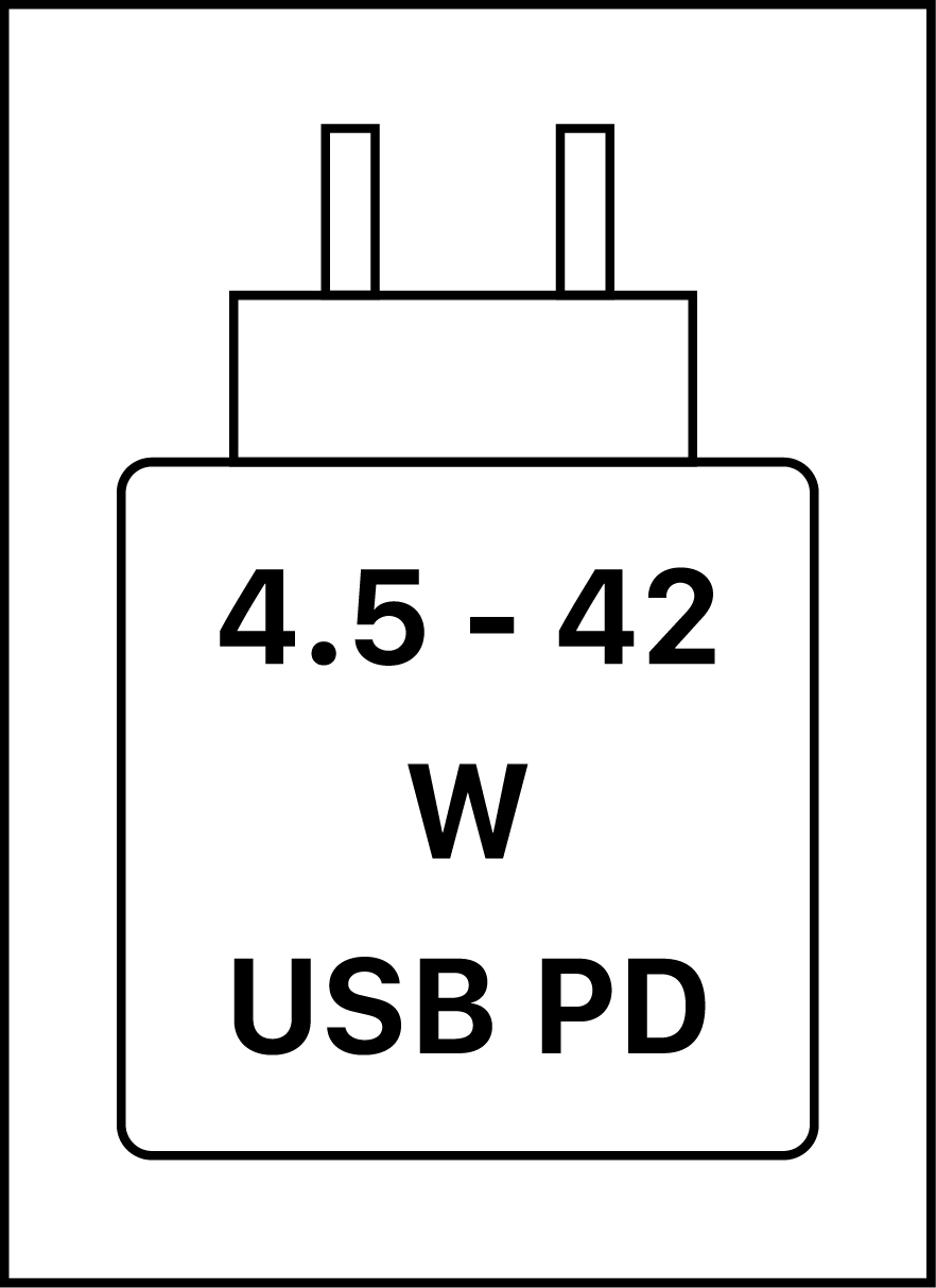 Das Gerät kann mit Netzteilen geladen werden, die eine Leistung zwischen 4,5 und 23 Watt USB PD liefern.