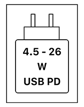 Das Gerät kann mit Netzteilen geladen werden, die eine Leistung zwischen 4,5 und 26 Watt USB PD liefern.